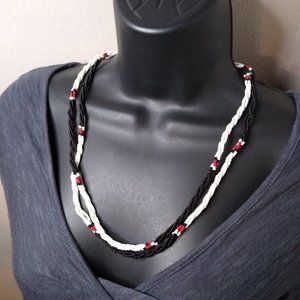 Vintage Small Bead White Black And Red Necklace
